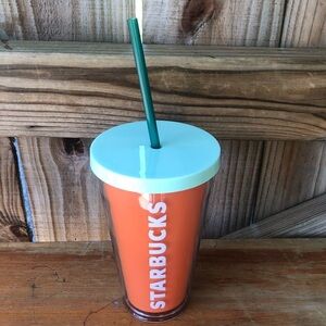 Starbucks 2014 Orange & Mint 16oz Acrylic Double Wall Cold Drink Cup Lid & Straw